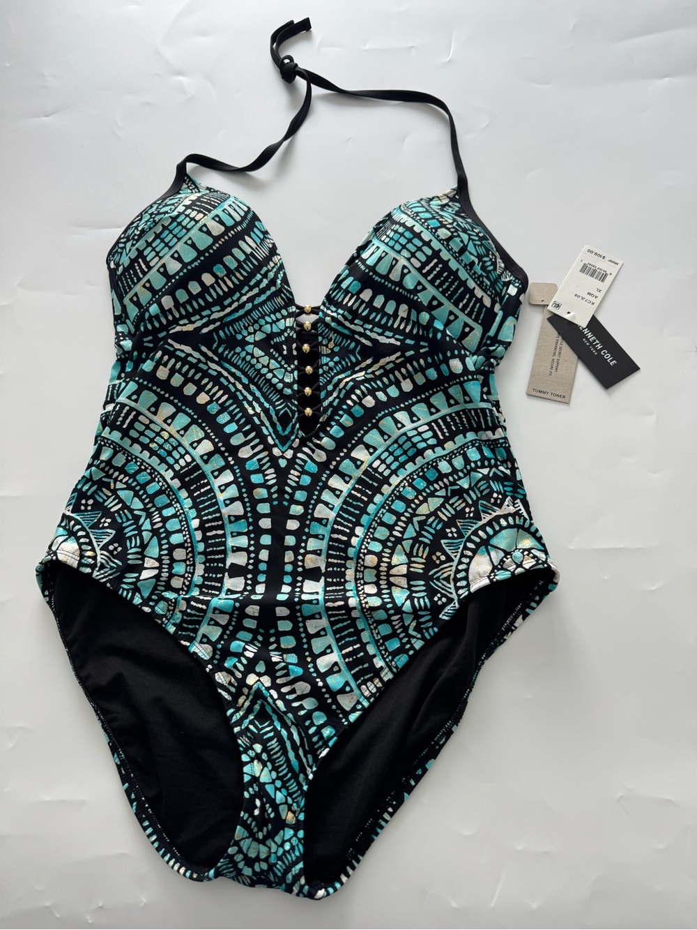 Kenneth Cole Black and Teal Geometric One-Piece Swimsuit
